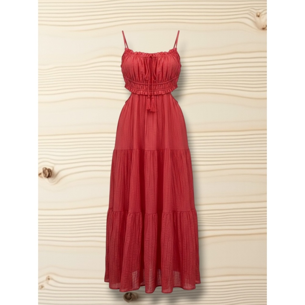 Coral Crepe Tiered Cutout Halter Maxi Dress S